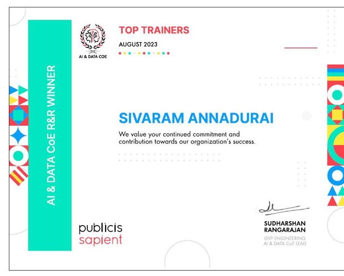 Top Trainers award, AI & Data CoE R&R Winner, August 2023, awarded to Sivaram Annadurai, Publicis Sapient