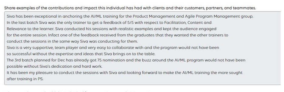 Manager testimonial: Siva has been exceptional in anchoring the AI/ML training for the Product Management and Agile Program Management group, the only trainer to get 5/5 on facilitation, content, and relevance