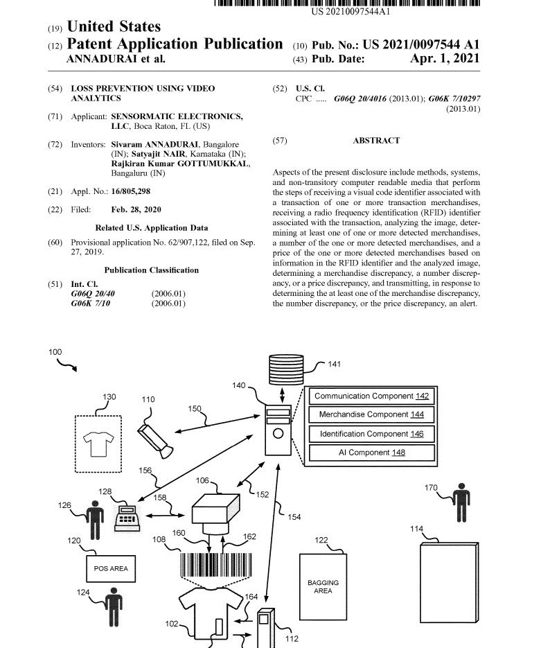 US Patent Application Publication US 2021/0097544 A1: Loss Prevention Using Video Analytics, Sensormatic Electronics, inventors Sivaram Annadurai, Satyajit Nair, Rajkiran Kumar Gottumukkal