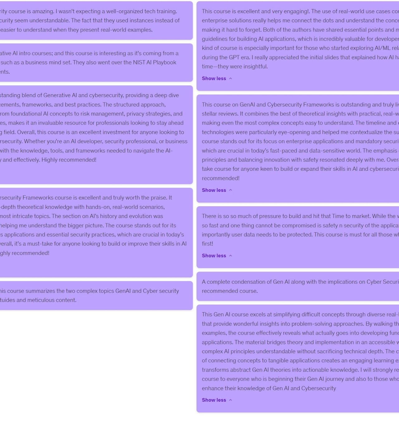 Student feedback on GenAI and cybersecurity course: excellent, well-organized, real-world use cases, highly recommended
